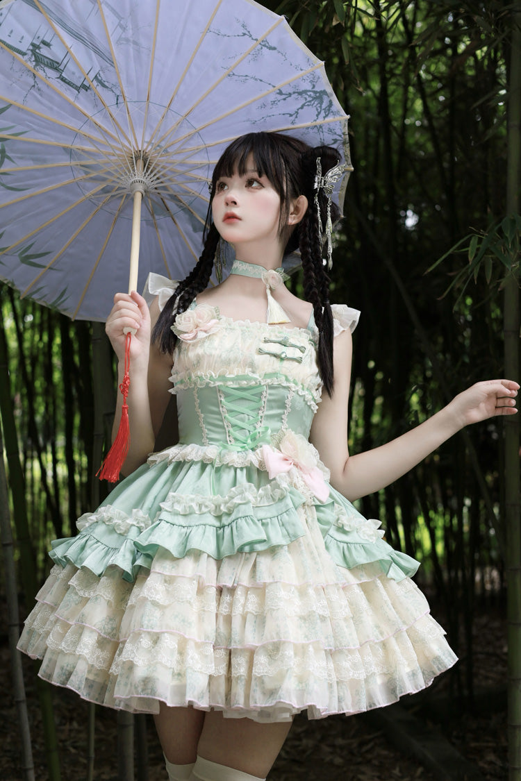 Ancient Poetry Print Multi-layer Ruffle Bowknot Lace Sweet Chinese Style Lolita Tiered Dress 2 Colors