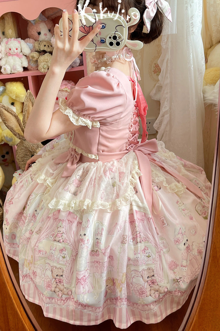 Süßes Lolita-Kleid mit Kaninchen-Bär-Druck, Rüschen und Schleife, 3 Farben