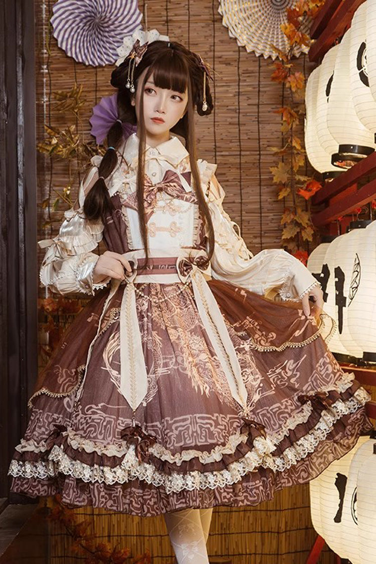 Braunes [Yuelong Poetry] Bedrucktes Rüschen-Spitzen-Lolita-Jsk-Kleid im chinesischen Stil