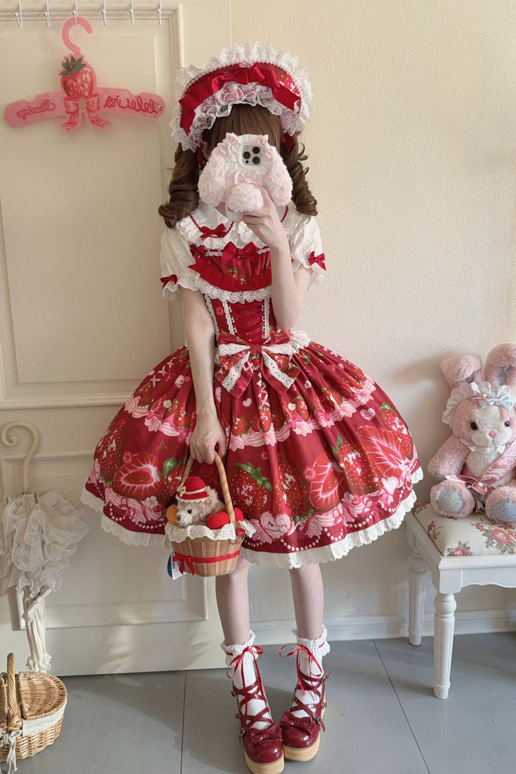 [Sweet Berry Tale] Strawberry Print Ruffle Bowknot Lace Sweet Lolita Jsk Dress 4 Colors