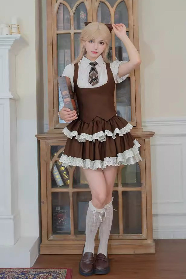 Braunes Lolita-Rock-Set mit zweilagiger Rüschenspitze im Coco Love Letter-Stil im College-Stil