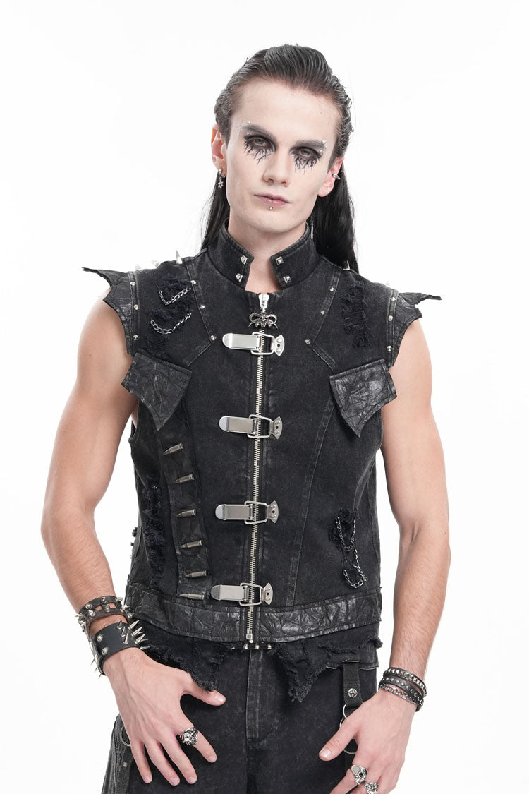 Black Stand Collar Sleeveless Rivets Chain Rings Men's Gothic Vest