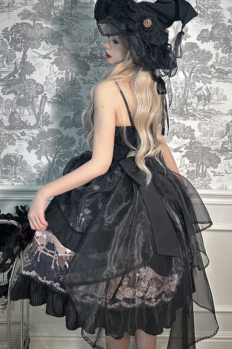 Black [The Mystery of The Doll] Halterneck Print Ruffle Bowknot Drawstring Gothic Lolita Dress