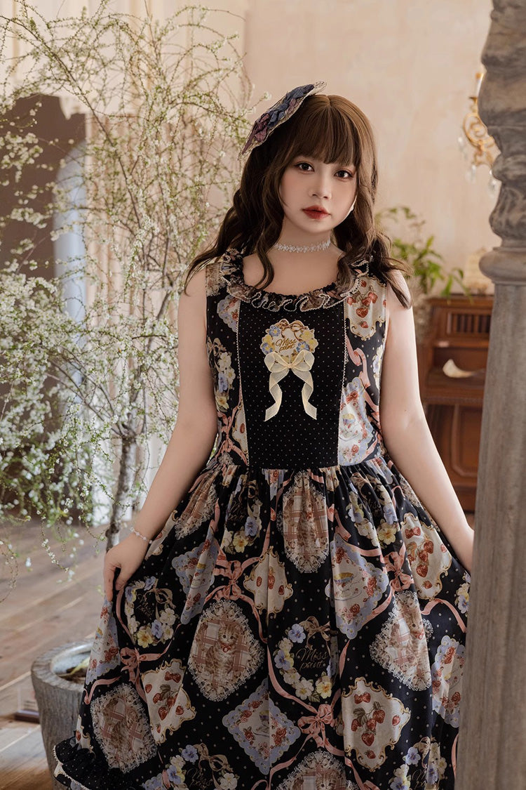 Cat Rose Tea Sleeveless Print Ruffle Bowknot Sweet Lolita Jumper Dress 3 Colors