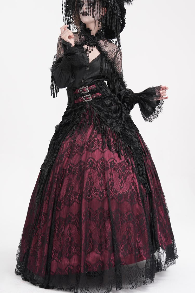 Wine Red Print Embroidery Tassels Buckle-up Lace-Up Women's Gothic Long Skirt