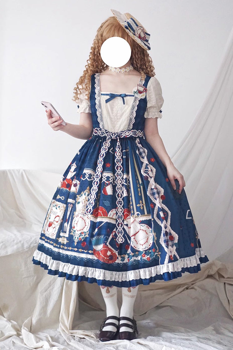 Dark Blue [Tea Party] Short Sleeves Print Ruffle Bowknot Lace Sweet Elegant Lolita Dress