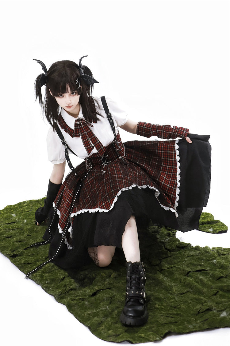 Schwarz/Rot [Soul Mantra] Süßes Lolita-Trägerkleid mit Karomuster und unregelmäßigem Saum