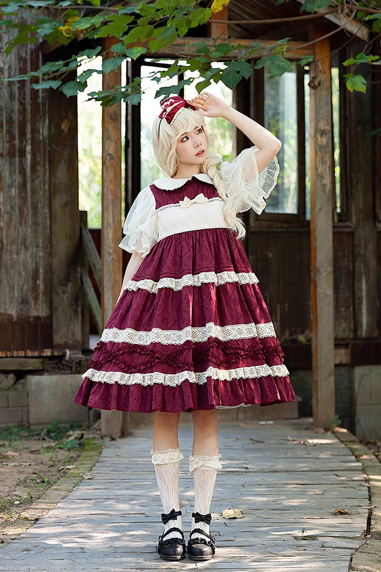 Kindergarten Class Theme Short Sleeves Jacquard Ruffle Bowknot Sweet Lolita Dress 3 Colors