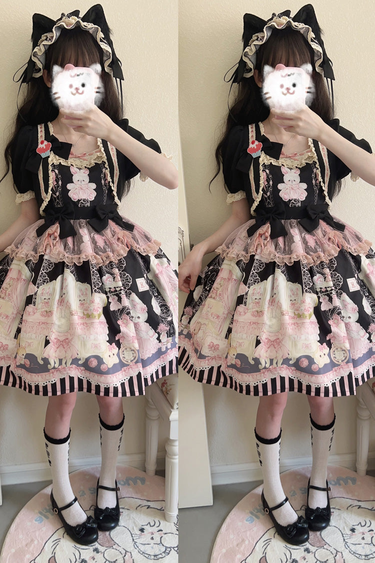 Süßes Lolita-Kleid mit Kaninchen-Bär-Druck, Rüschen und Schleife, 3 Farben