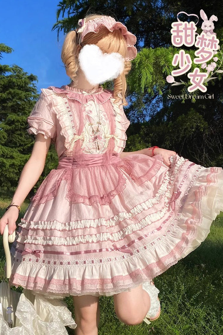 Rosa Lolita-Kleid mit Kaninchen-Print und kurzen Ärmeln sowie Rüschen und Schleife und Spitze