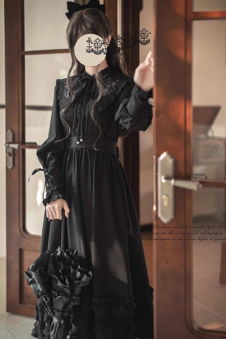 Schwarz [Wind Kissed Tulips] Lange Ärmel Rüschen Stickerei Bowknot Gothic Vintage Elegantes Lolita Kleid