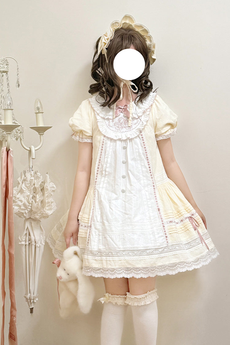 Light Yellow Doll Collar Short Sleeves Little Angel Print Bowknot Lace Sweet Lolita Dress