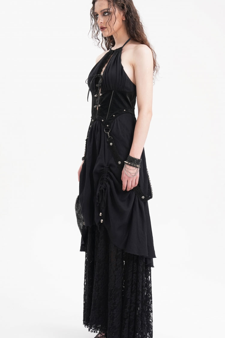 Black Halterneck Hollow Lace Women's Gothic Strap Maxi Dress