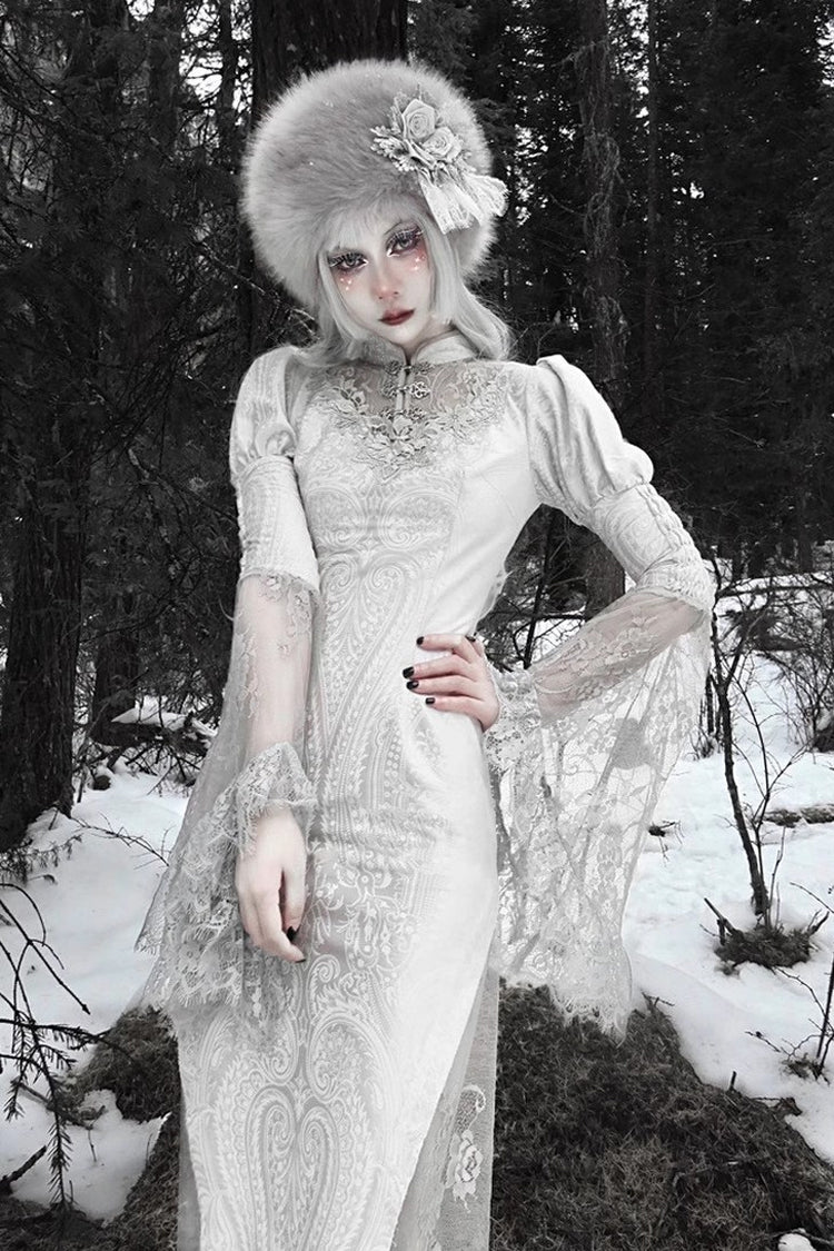 Silver [The Call of the Snow Country] V Collar Long Sleeves High Waisted Ruffle Lace Gothic Lolita Fishtail Dress