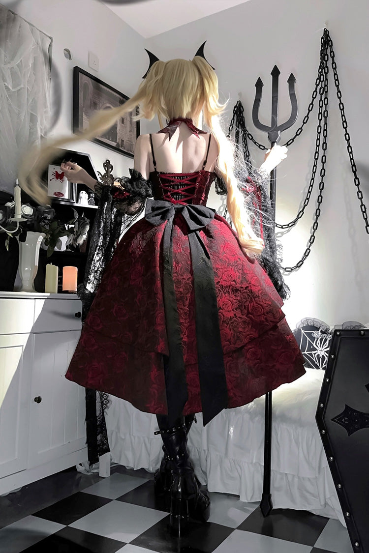 Black/Red [Weeping Rose] Jacquard Print Ruffle Cardigan Bowknot Lace-Up Gothic Lolita Dress