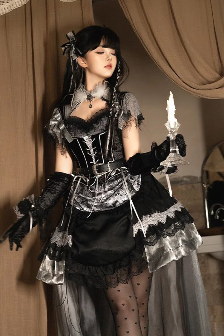 Black [Dark Night Rose] Short Sleeves Print Ruffle Bowknot Lace Asymmetric Gothic Lolita Dress