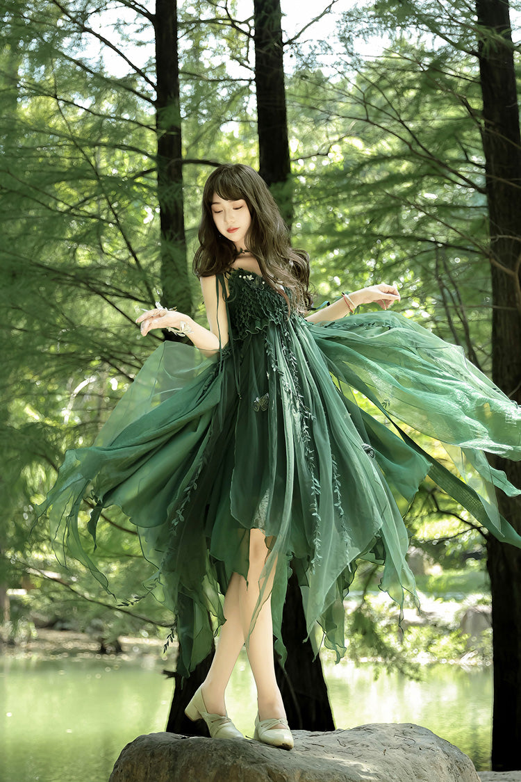 Green Forestry Asymmetric Hem Sweet Chinese Style Lolita Jsk Dress