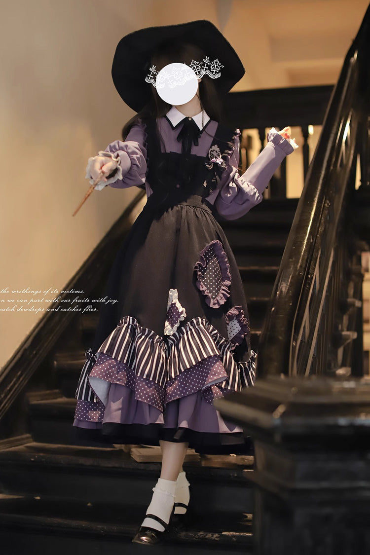 Schwarzes [Witch Academy] Doppellagiges, süßes Lolita-Pulloverkleid mit Streifenmuster, Rüschen und Schleife