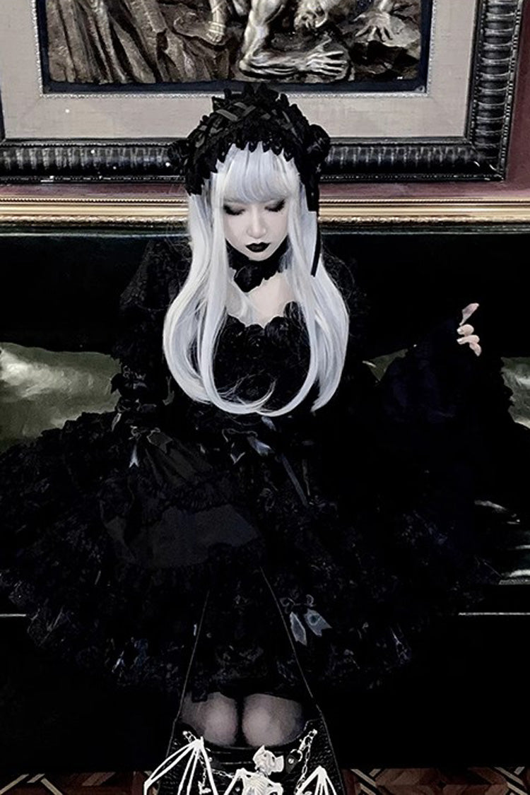 Pure Black Puff Short Sleeves Princess Gothic Lolita Tiered Dress