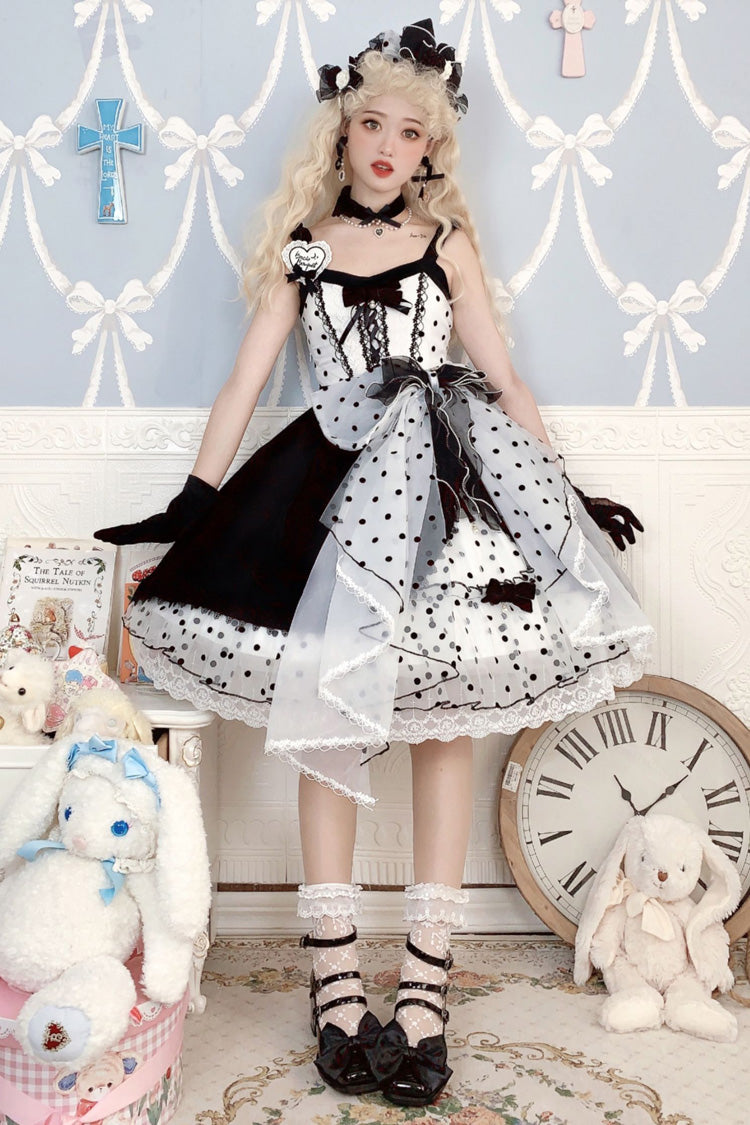 Black [Polka Waltz] Sleeveless Print Bowknot Stitching Lace Gothic Lolita Jsk Dress