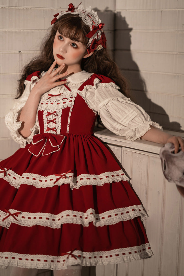 Rotes dreilagiges süßes Lolita JSK-Kleid mit Schleife für antike Puppen