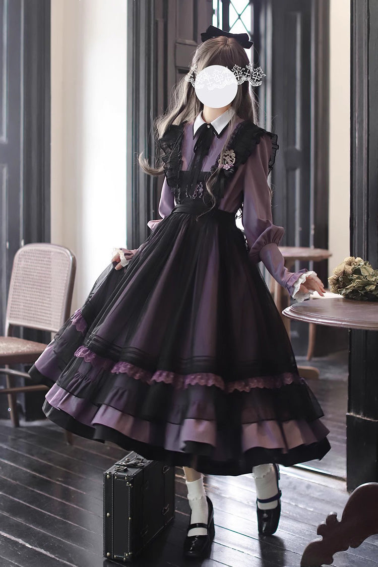 Black [Witch Academy] Double-Layered Ruffle Embroidery Bowknot Mesh Sweet Elegant Lolita Jumper Dress