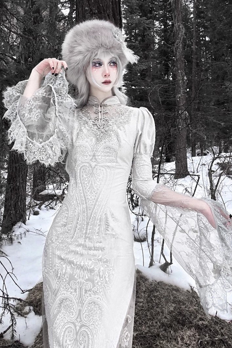 Silver [The Call of the Snow Country] V Collar Long Sleeves High Waisted Ruffle Lace Gothic Lolita Fishtail Dress