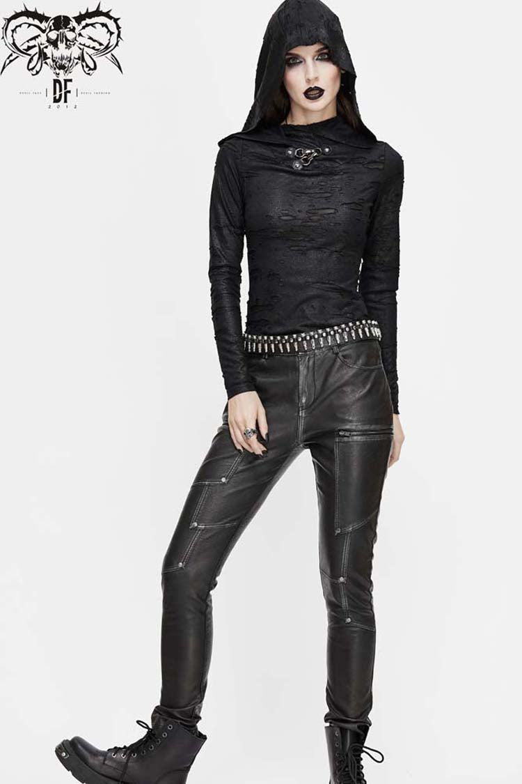 Black Hooded Snakeskin Ripped Pattern Triangle Metal Nail Asymmetrical Women's Punk Shirt