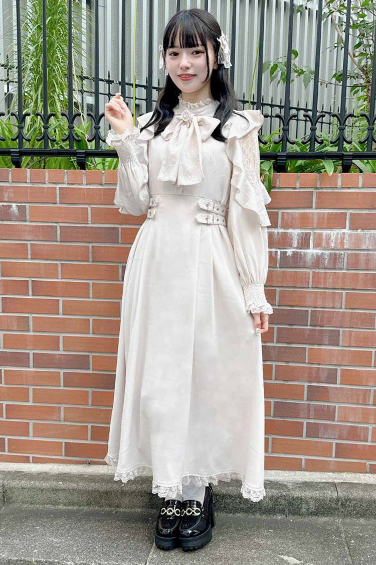 White Stand Collar Off Shoulder Long Sleeves Hollow Bowknot Slim Jirai Kei Japanese Dress