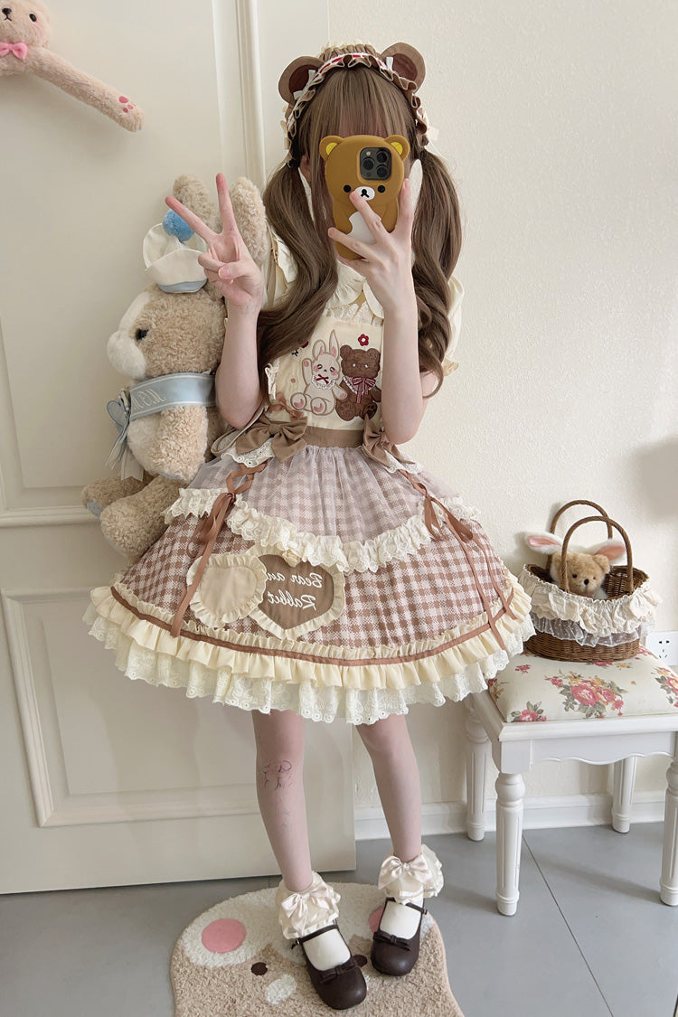 Rabbit Bear Diary Plaid Print Ruffle Bowknot Sweet Lolita Skirt 2 Colors (Blouse Included)