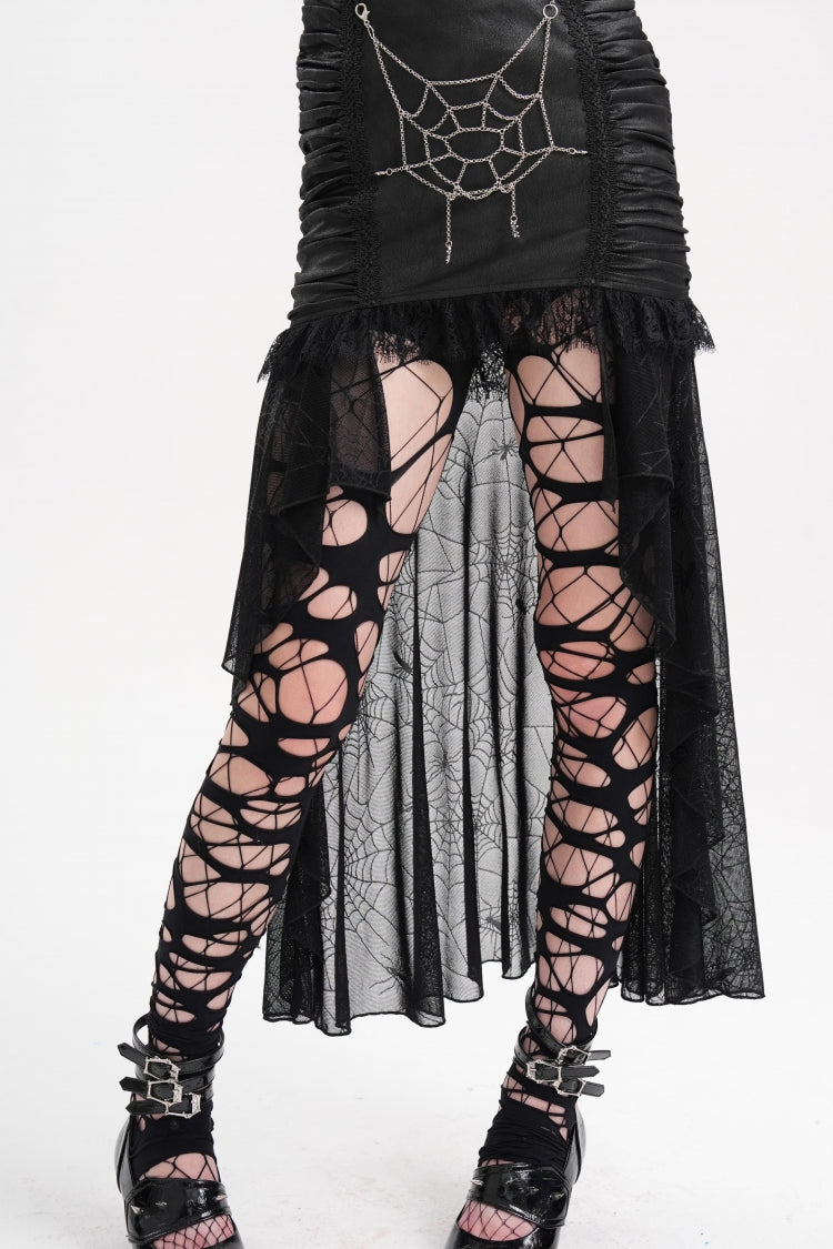 Black Chain Lace Irregular Hem Mesh Women's Gothic Skirt