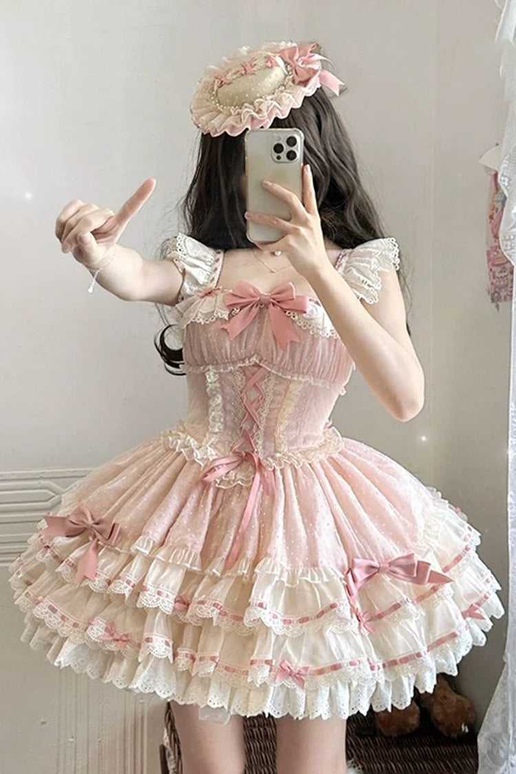 Pink Triple-Layered Bowknot Lace-Up Sweet Princess Ballet Lolita Jsk Dress