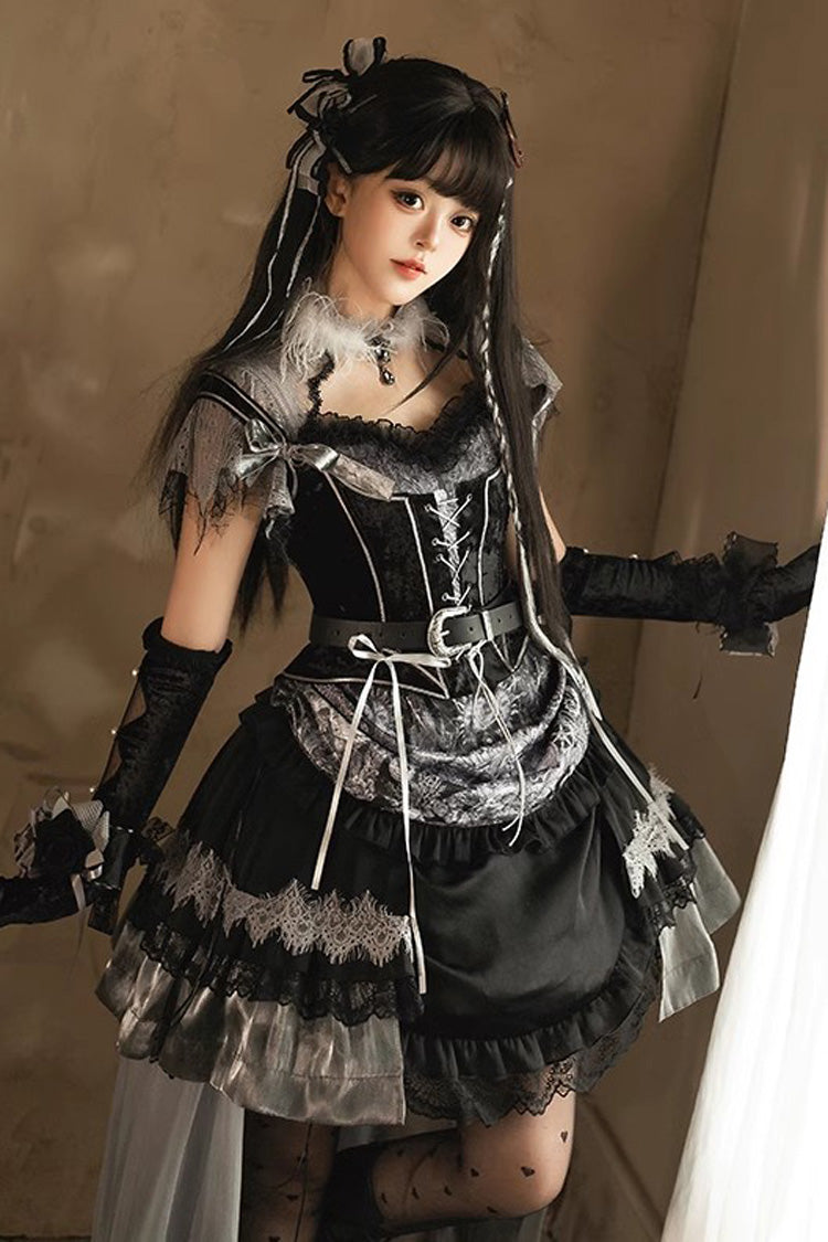 Black [Dark Night Rose] Short Sleeves Print Ruffle Bowknot Lace Asymmetric Gothic Lolita Dress