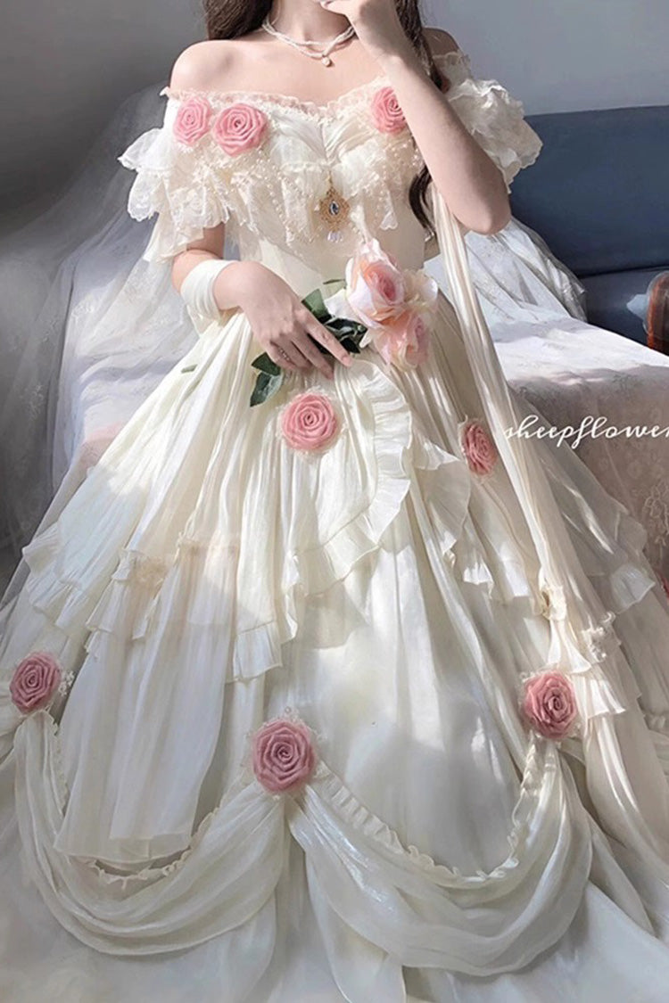 Elfenbeinfarbenes, trägerloses Lolita-Kleid mit Rosenblüte und langen Ärmeln und Rüschen und Schleife