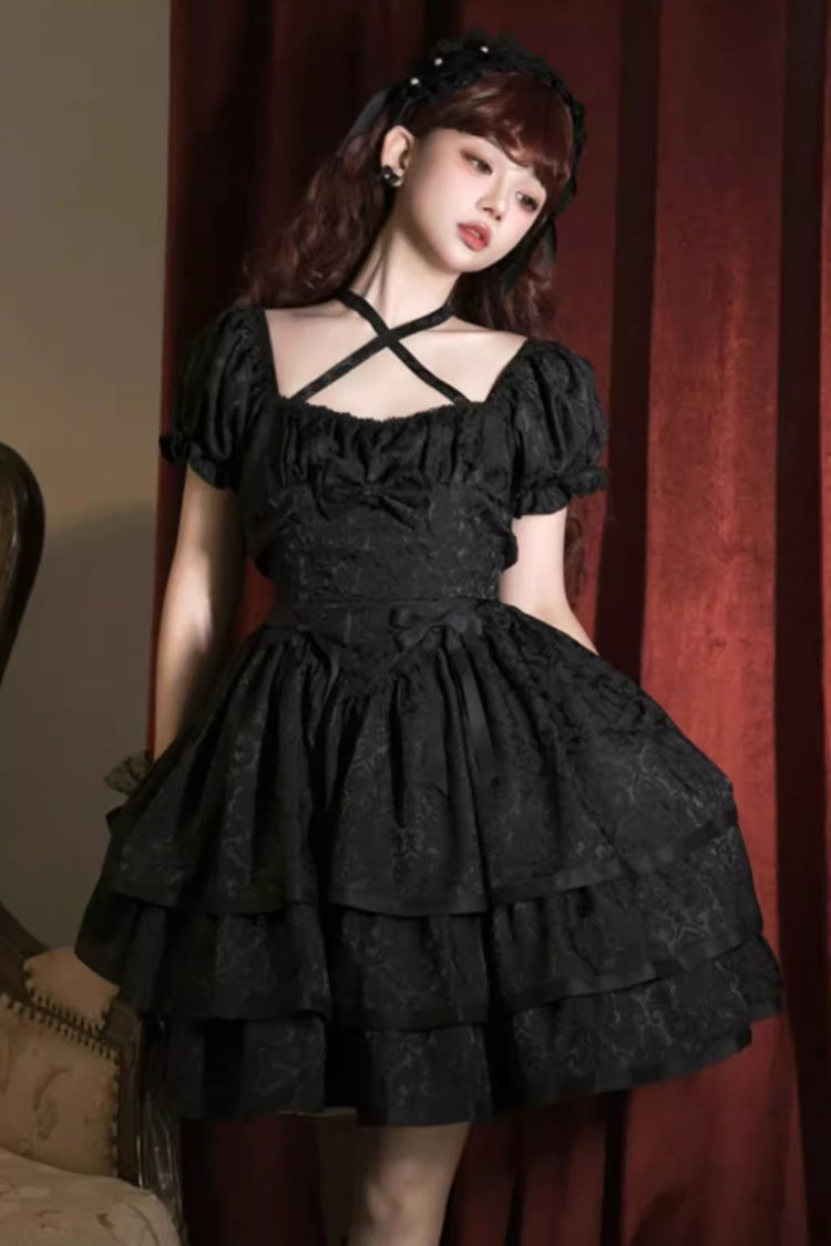 Black Thorn Rose Short Sleeves Multi-layer Ruffle Bowknot Gothic Princess Lolita Dress