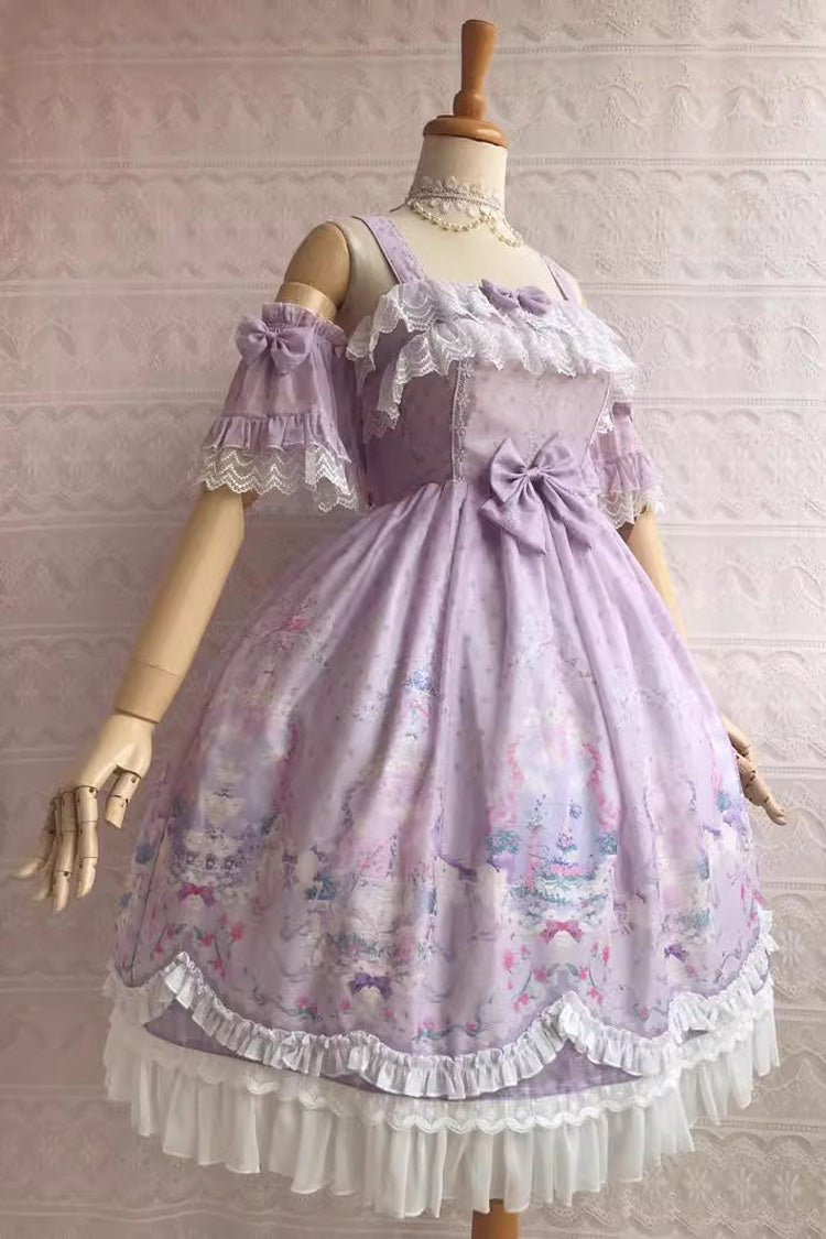 Süßes Lolita-JSK-Kleid mit Rüschen und Schleife im Unicorn's Secret Garden-Print, 7 Farben