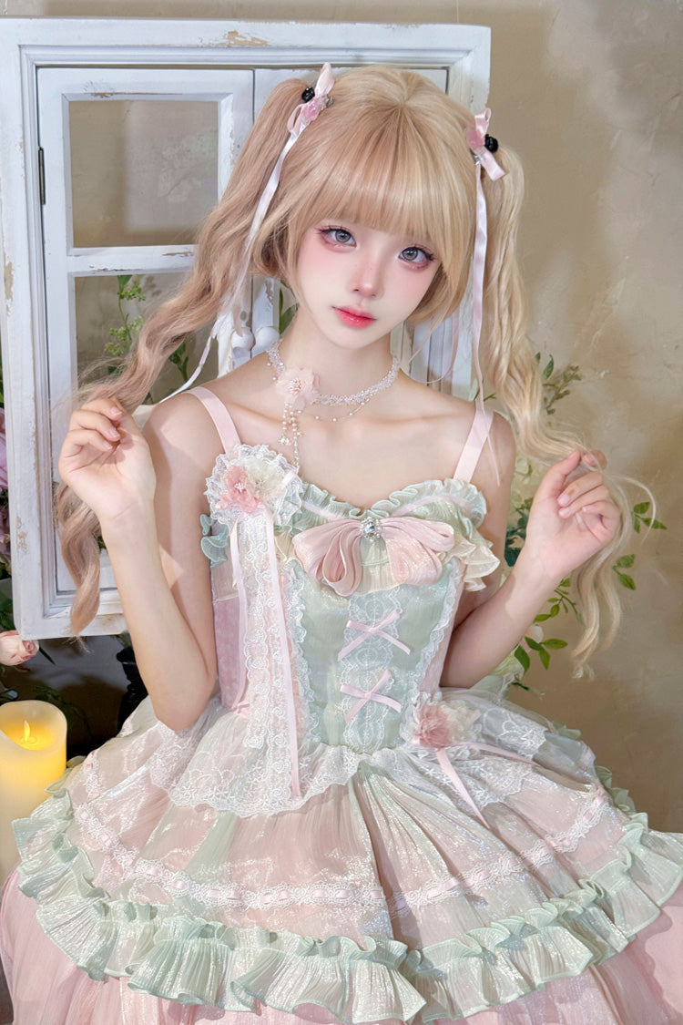 Pink/Green Summer Garden Ruffle Embroidery Bowknot Lace Sweet Lolita Jsk Short Dress