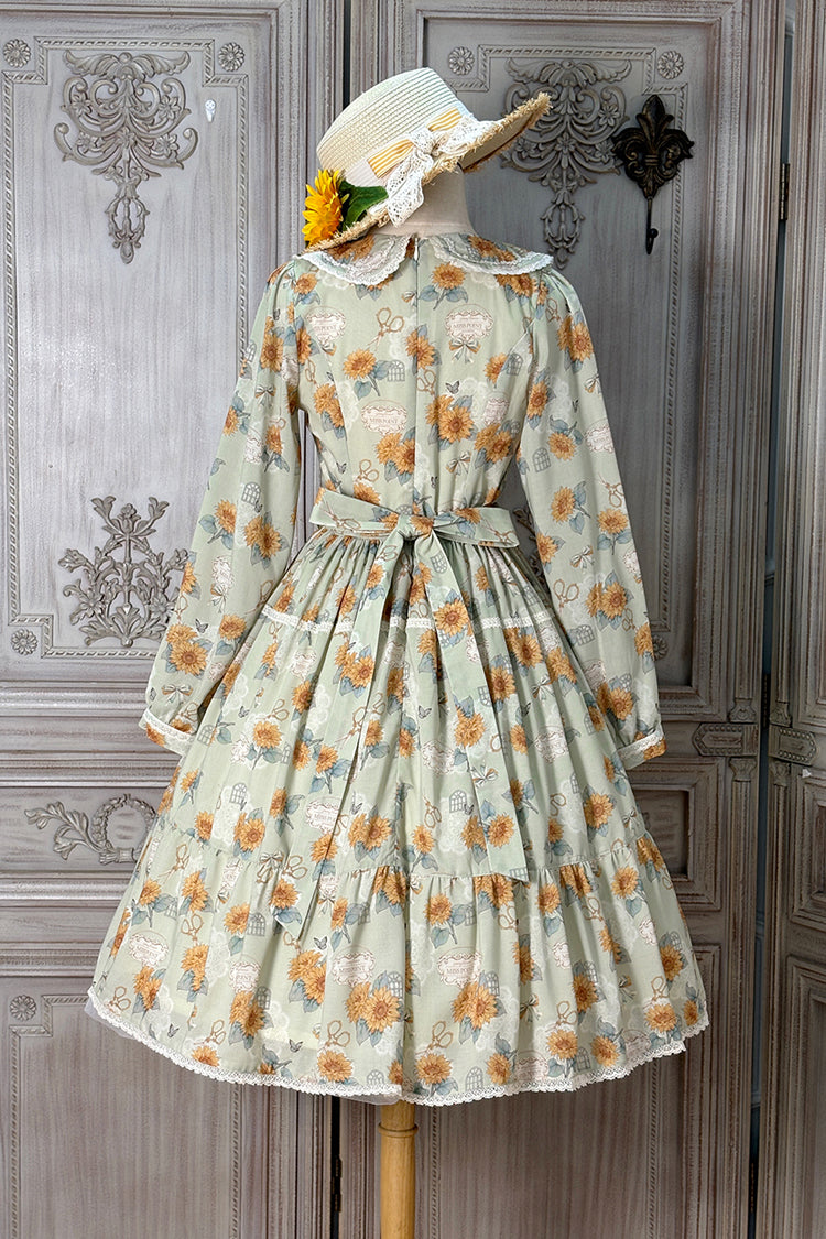 Green [Gardening Sunflower] Long Sleeves Print Ruffle Bowknot Sweet Elegant Lolita Dress