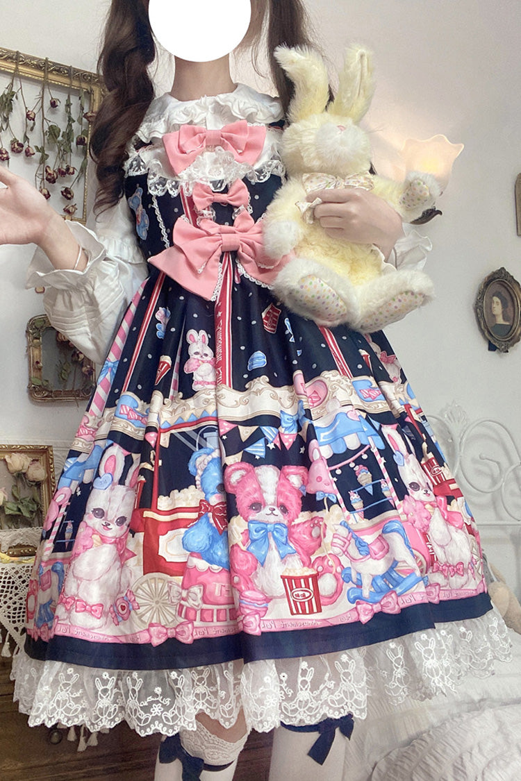 Black/Pink Doll Playground Print Ruffle Bowknot Sweet Lolita Jsk Dress