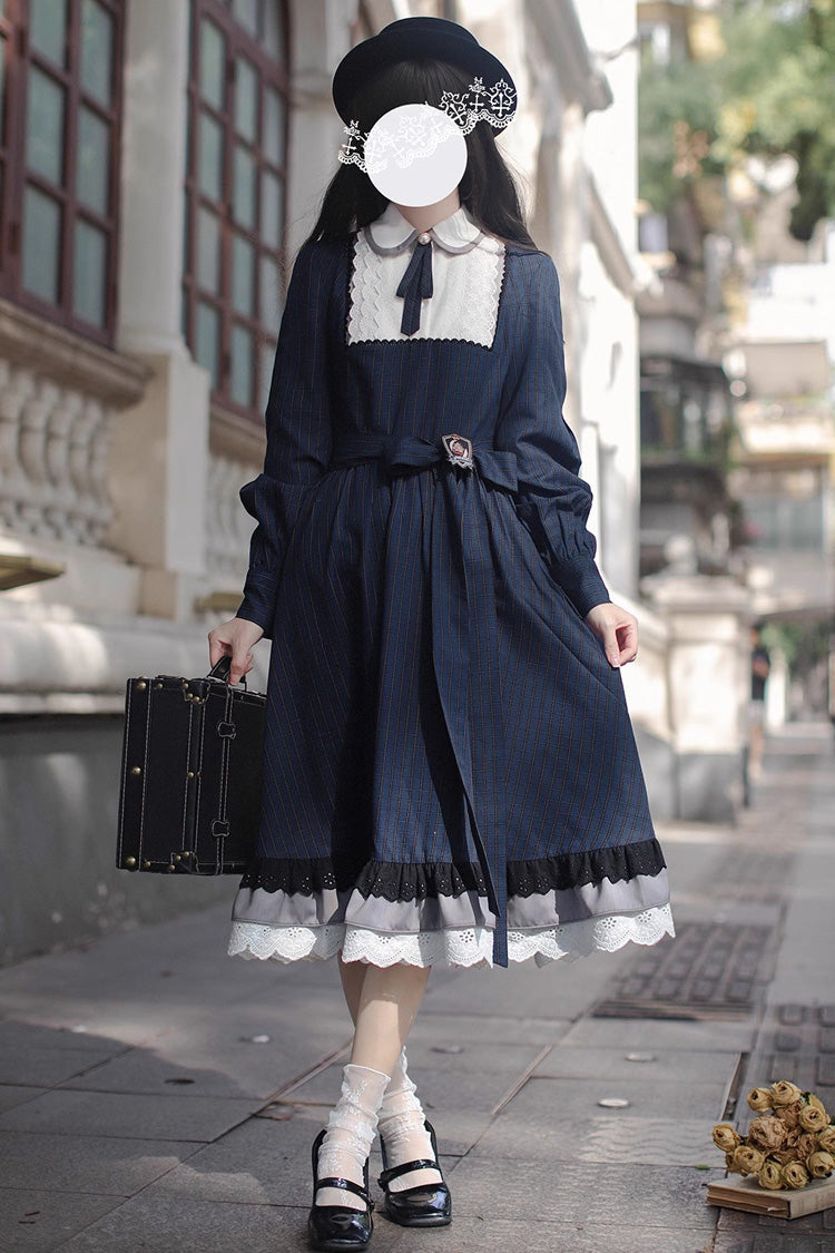 Dark Blue [Phyllis] Plaid Print Ruffle Bowknot Lace Vintage Elegant Lolita Dress