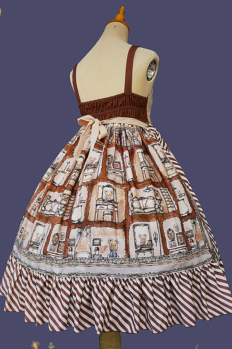 Brown [Underground Bear] Print Ruffle Bowknot Sweet Lolita Dress