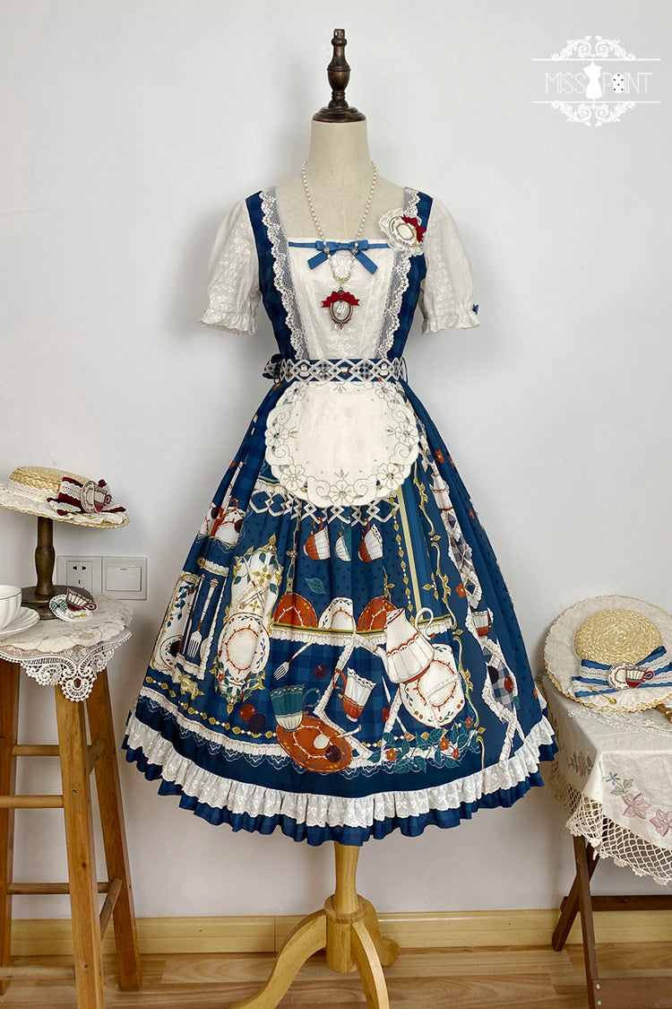 Dark Blue [Tea Party] Short Sleeves Print Ruffle Bowknot Lace Sweet Elegant Lolita Dress