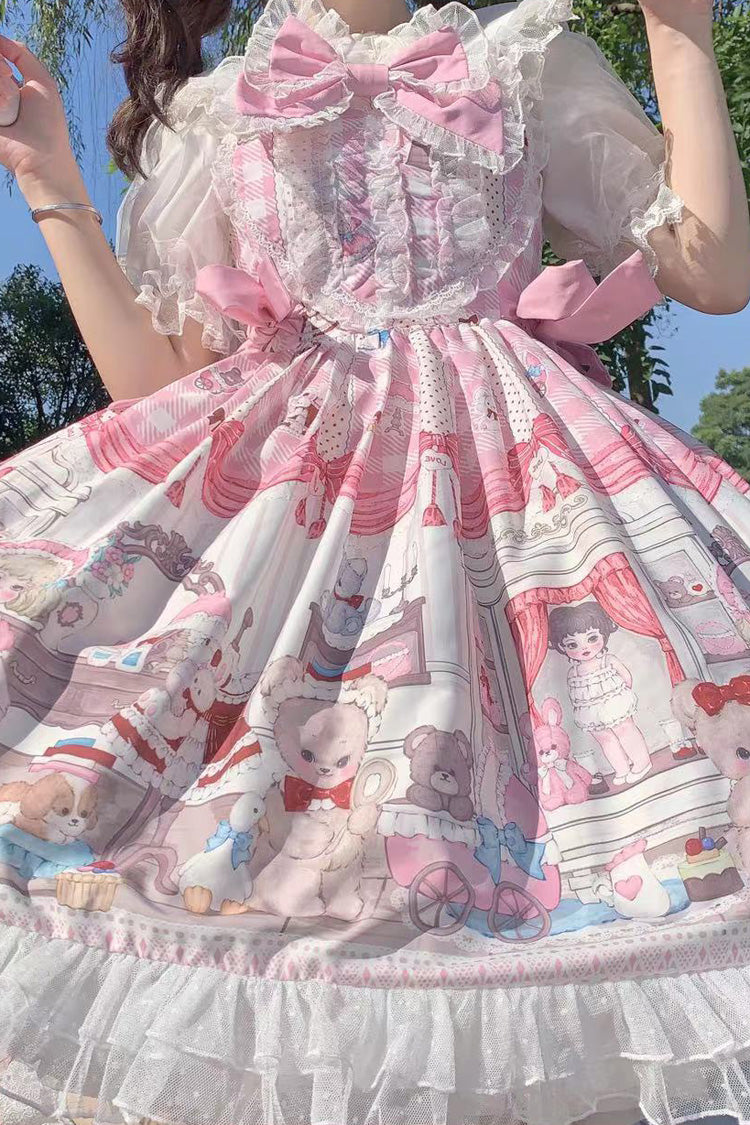 Pink Plush Bear and Doll Print Ruffle Bowknot Lace Sweet Lolita Jsk Dress