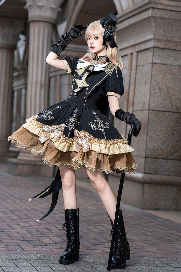 Black [Gilded Oath] Short Sleeves Double-Layered Ruffle Embroidery Bowknot Gothic Lolita Dress