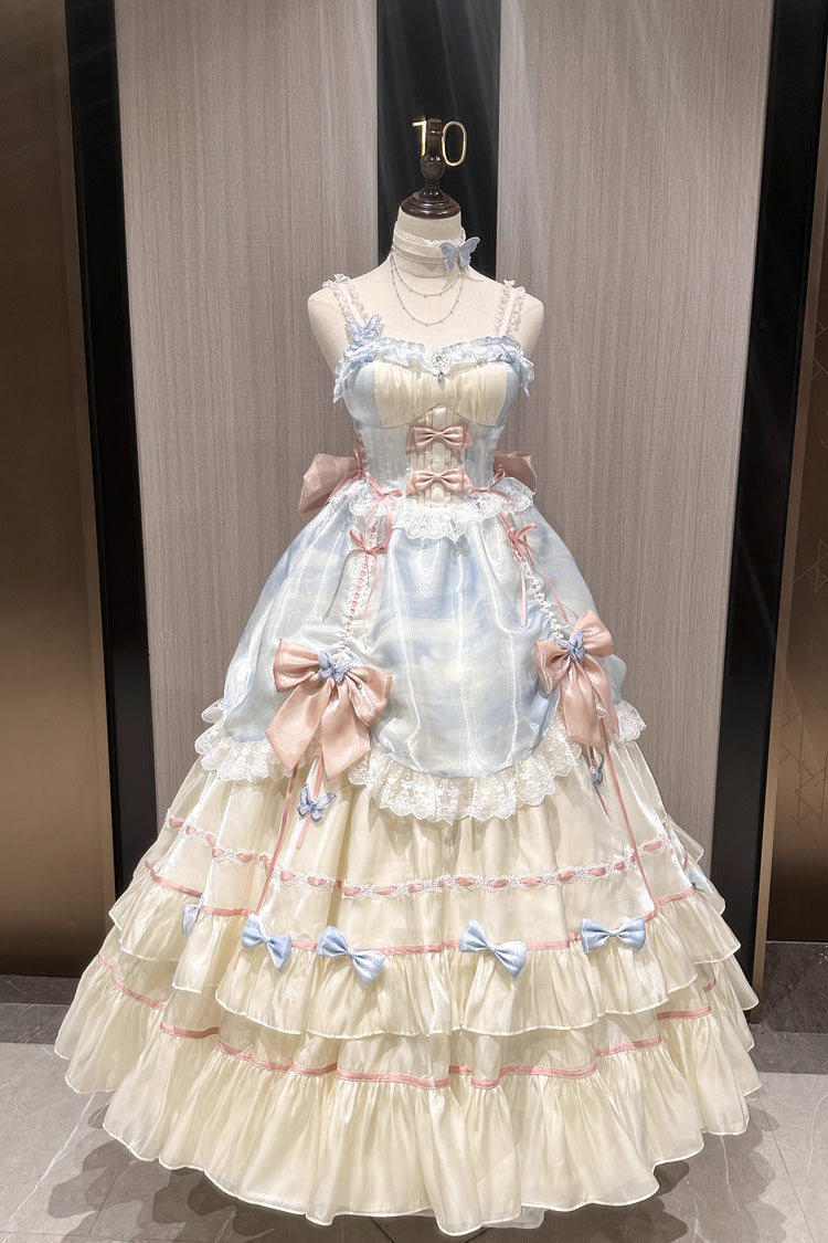 Apricot/Blue/Pink Multi-layer Ruffle Hanayome Bowknot Sweet Princess Gorgeous Long Lolita Jsk Dress