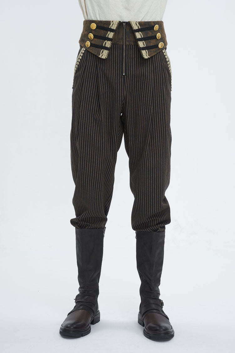 Brown High Waisted Striped  Lace-Up Men's Gothic Pants