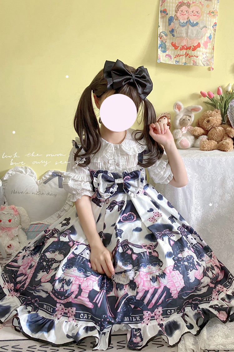 Süßes Lolita-JSK-Kleid mit mehrfarbigem Rüschenschleife und Kuh-/Katzen-Print