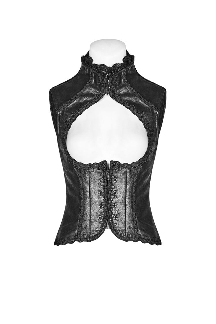 Black Back Waist Lace Up High Collar Front Metal Rivet Chest Hollow-Out Women's Punk Floral Vest