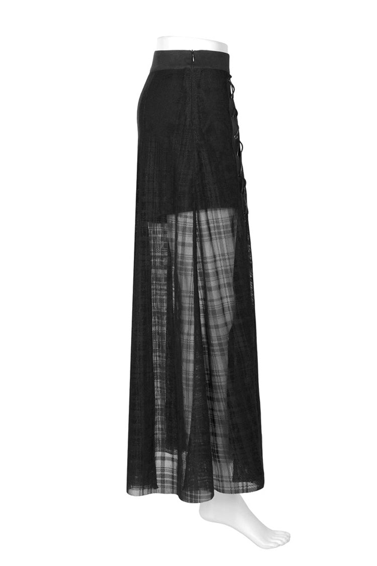 Black Front Metal Eyelets Lace-Up Slit Mesh Hem Women's Punk Skirt