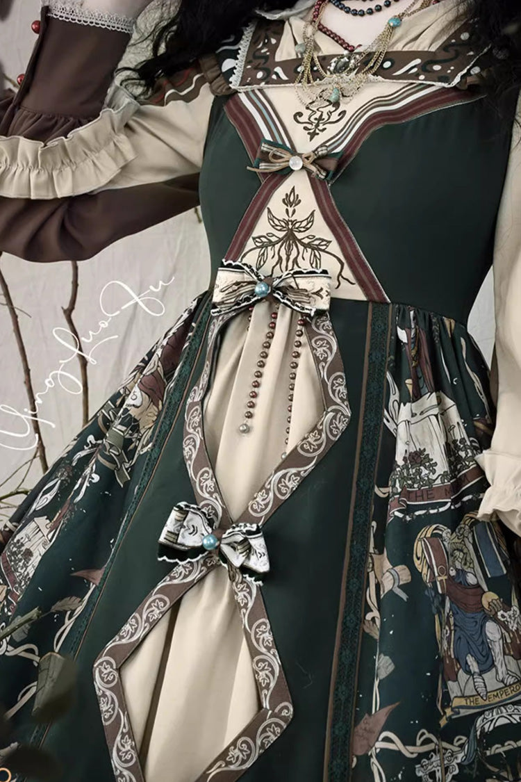 Dark Green [Tarot] Print Long Puff Sleeves Ruffle Bowknot Ripped Sweet Elegant Lolita Dress